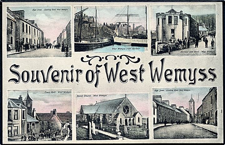 Scotland, West Wemyss. Souvenir of West Wemyss med partier og havn.