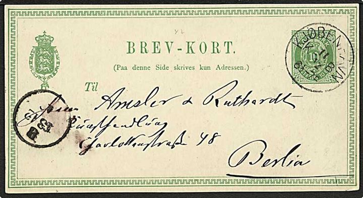 10 øre helsagsbrevkort stemplet Kjøbenhavn KB d. 11.12.1878 til Berlin, Tyskland.