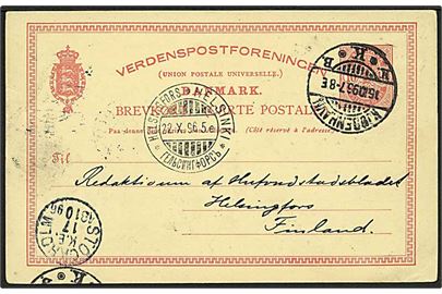 10 øre Våben helsagsbrevkort fra Kjøbenhavn d. 16.10.1896 via Stockholm til Helsingfors, Finland.