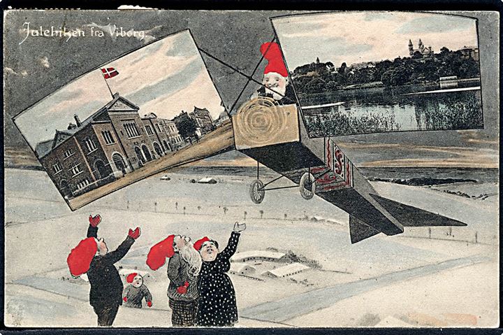 Viborg, Nisser i bybilledet med flyvemaskine og prospekter fra Viborg. Tegnet af F. Kraul. H. Lund no. 26846.