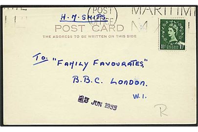 1½d Elizabeth på flåde postkort 1955 stemplet Post Office / Maritime Mail til London, England. Fra HMS Teazer (Destroyer).