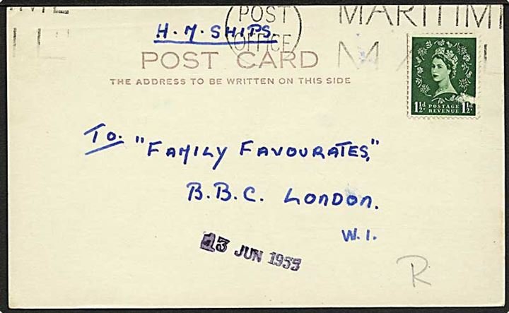 1½d Elizabeth på flåde postkort 1955 stemplet Post Office / Maritime Mail til London, England. Fra HMS Teazer (Destroyer).