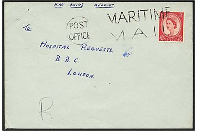2½d Elizabeth på flådepostbrev 1957 stemplet Post Office / Maritime Mail til London, England. Fra HMS Torquay (Destroyer).
