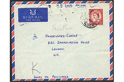 2½d Elizabeth på luftpost flådebrev stemplet Post Office / Maritime Mail og London d. 7.6.1956 til London, England. Fra HMS Decoy (Destroyer).