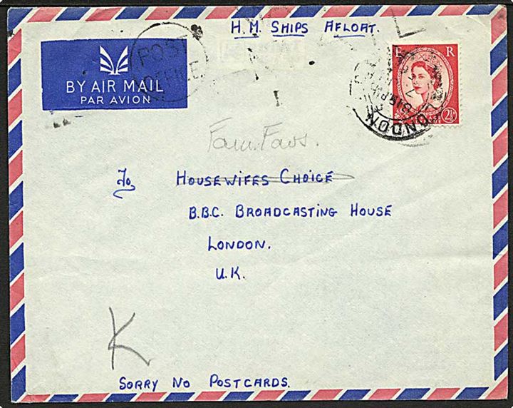 2½d Elizabeth på luftpost flådebrev stemplet Post Office / Maritime Mail og London d. 7.6.1956 til London, England. Fra HMS Decoy (Destroyer).