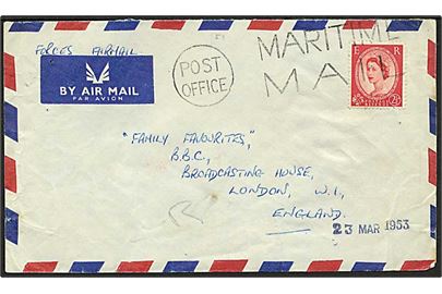 2½d Elizabeth på luftpost flådebrev 1953 stemplet Post Office / Maritime Mail til London, England. Fra HMS Crane (Sloop).