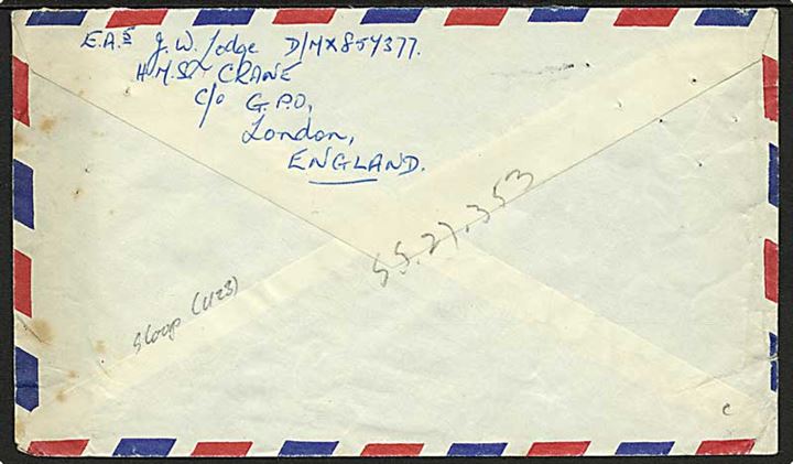 2½d Elizabeth på luftpost flådebrev 1953 stemplet Post Office / Maritime Mail til London, England. Fra HMS Crane (Sloop).