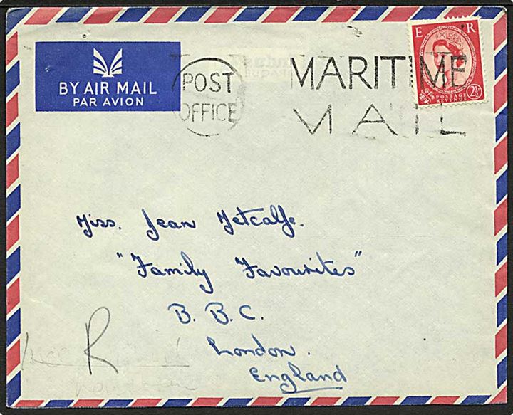 2½d Elizabeth på luftpost flådebrev 1957 stemplet Post Office / Maritime Mail til London, England. Fra HMS Cheviot (Destroyer).