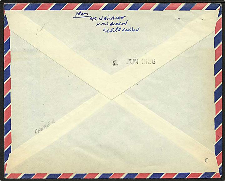 2½d Elizabeth på luftpost flådebrev 1956 stemplet Post Office / Maritime Mail til London, England. Fra HMS Glasgow (Cruiser).