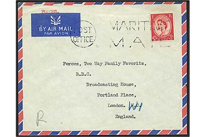 2½d Elizabeth på luftpost flådebrev 1956 stemplet Post Office / Maritime Mail til London, England. Fra HMS Duchess (Destroyer).