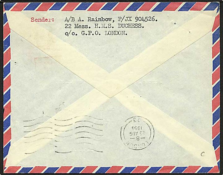 2½d Elizabeth på luftpost flådebrev 1956 stemplet Post Office / Maritime Mail til London, England. Fra HMS Duchess (Destroyer).