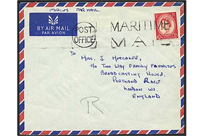 2½d Elizabeth på luftpost flådebrev 1957 stemplet Post Office / Maritime Mail til London, England. Fra HMS Modeste (Destroyer).