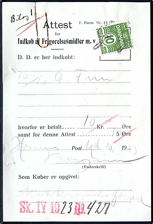 10 øre Bølgelinie annulleret Gebyr på Attest for Indkøb af Frigørelsesmidler m.v. fra Horsens d. 10.1.1923.