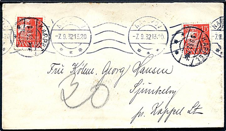 Ufrankeret brev fra Nakskov d. 7.9.1932 til Kappel. Udtakseret i porto med 15 øre Karavel (2) anvendt som portomærker annulleret brotype IIb Kappel d. 8.9.1932.