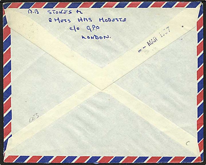 2½d Elizabeth på luftpost flådebrev 1957 stemplet Post Office / Maritime Mail til London, England. Fra HMS Modeste (Destroyer).