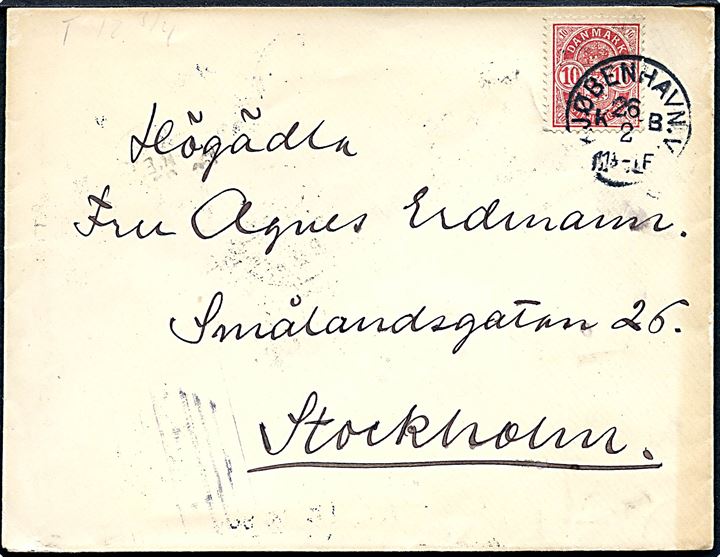 10 øre Våben på brev annulleret med lapidar Kjøbenhavn V. K.B. d. 26.2.1896 til Stockholm, Sverige.