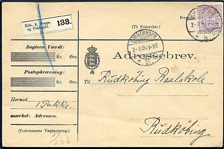 15 øre Våben single på adressebrev for pakke fra Kjøbenhavn d. 2.6.1904 til Rudkjøbing.