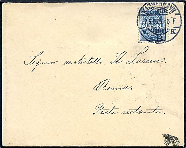 20 øre Våben på brev fra Kjøbenhavn d. 7.5.1906 til poste restante i Rom, Italien.