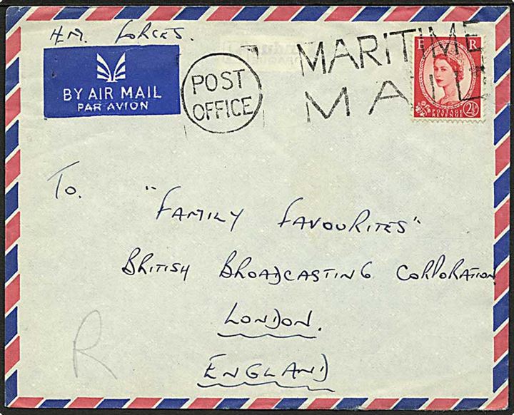 2½d Elizabeth på luftpost flådebrev 1957 stemplet Post Office / Maritime Mail til London, England. Fra HMS Newfoundland (Cruiser).