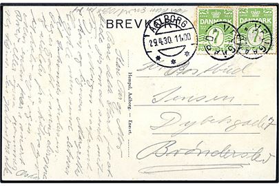 7 øre Bølgelinie (2) på brevkort (Aalborg, havneparti med sejlskibe) annulleret med udslebet stjernestempel VEJGAARD og sidestemplet Aalborg d. 29.4.1930 til Brønderslev.