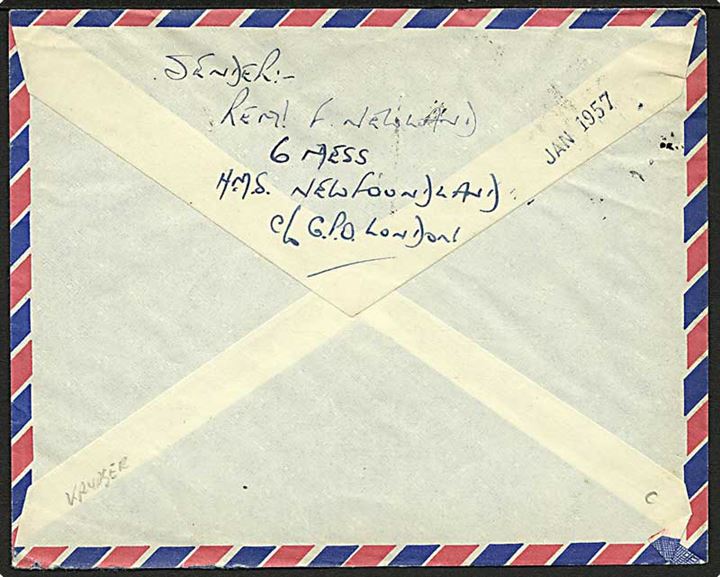 2½d Elizabeth på luftpost flådebrev 1957 stemplet Post Office / Maritime Mail til London, England. Fra HMS Newfoundland (Cruiser).