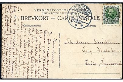5 øre Fr. VIII på brevkort (Jydstrup kirke) annulleret med stjernestempel JYDSTRUP og sidestemplet Ringsted d. 22.6.1908 til Lille Skensved.