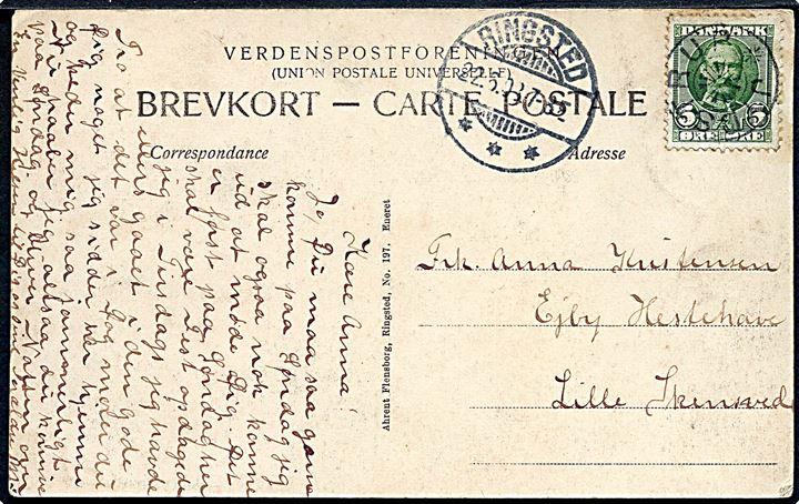5 øre Fr. VIII på brevkort (Jydstrup kirke) annulleret med stjernestempel JYDSTRUP og sidestemplet Ringsted d. 22.6.1908 til Lille Skensved.