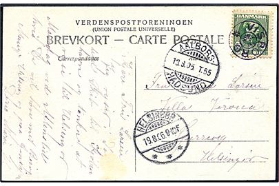 5 øre Chr. IX på brevkort annulleret med stjernestempel VISBORG og sidestemplet bureau Aalborg - Hadsund T.55 d. 18.8.1906 til Helsingør.
