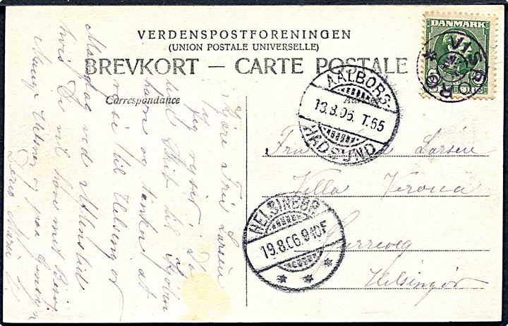 5 øre Chr. IX på brevkort annulleret med stjernestempel VISBORG og sidestemplet bureau Aalborg - Hadsund T.55 d. 18.8.1906 til Helsingør.