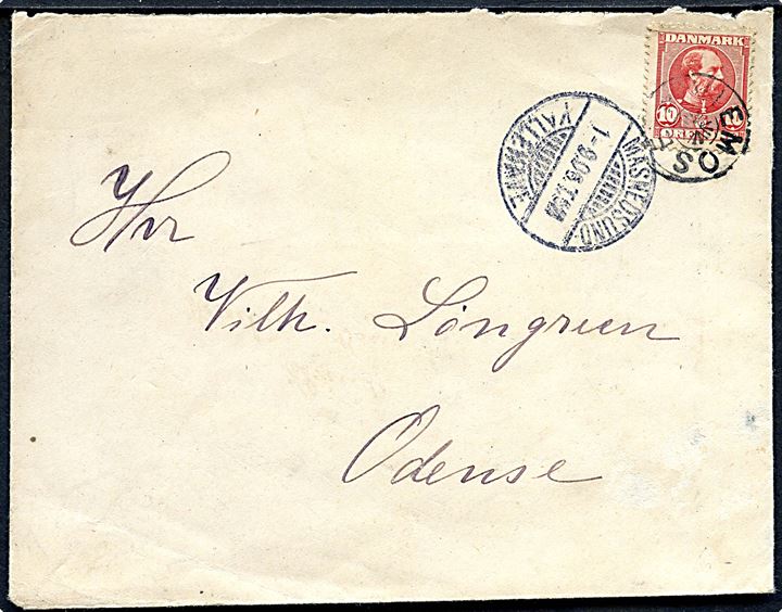 10 øre Chr. IX på brev annulleret med stjernestempel VIEMOSE og sidestemplet bureau Masnedsund - Kallehave T.6 d. 1.9.1906 til Odense. Bagklap mgl.