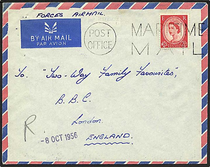 2½d Elizabeth på luftpost flådebrev 1956 stemplet Post Office / Maritime Mail til London, England. Fra HMS Albion (Aircraft carrier).