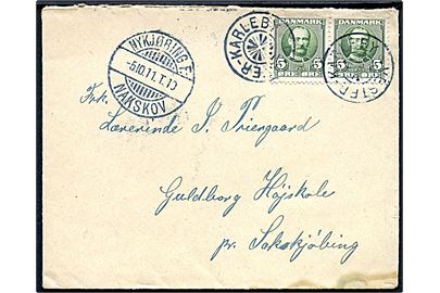 5 øre Fr. VIII i parstykke på brev annulleret med stjernestempel VESTER-KARLEBY og sidestemplet bureau Nykjøbing F. - Nakskov T.10 d. 5.10.1911 til Guldborg Højskole pr. Sakskøbing.