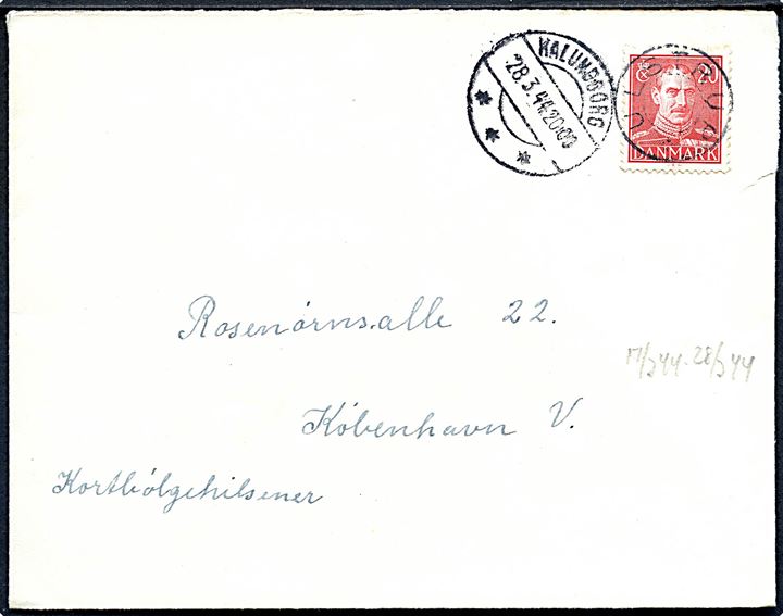 20 øre Chr. X på brev annulleret med udslebet stjernestempel ULSTRUP og sidestemplet Kalundborg d. 28.3.1944 til København. Påskrevet Kortbølgehilsener.