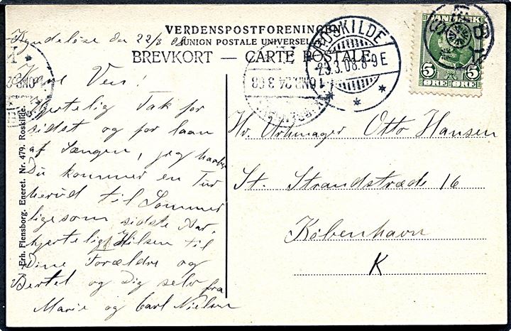 5 øre Fr. VIII på brevkort (Parti fra Lille Karleby) annulleret med stjernestempel SÆBY og sidestemplet Roskilde d. 23.3.1908 til København.