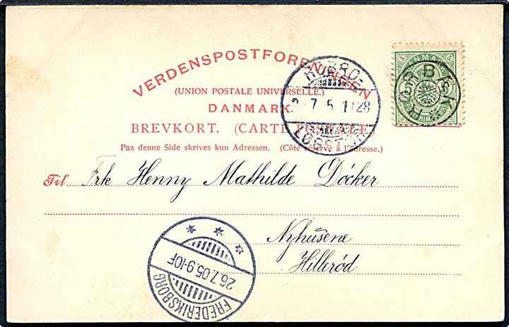 5 øre Våben på brevkort annulleret med stjernestempel RØRBÆK og sidestemplet bureau Hobro - Løgstør T.1128 d. 26.7.1905 til Hillerød.