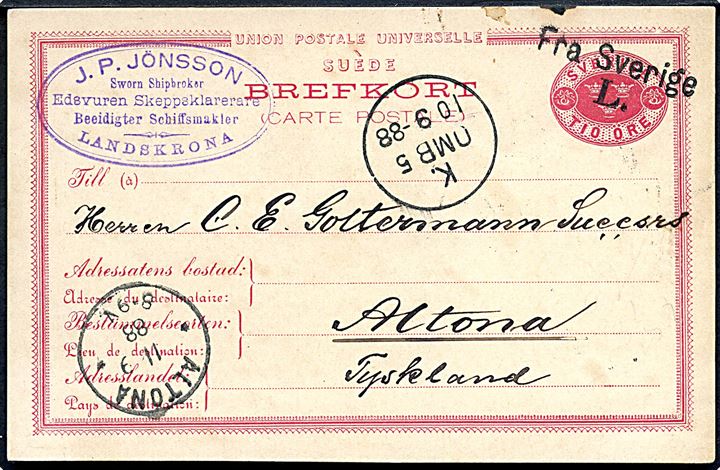 10 öre Tre Kroner helsagsbrevkort fra Landskrona annulleret med skibsstempel Fra Sverige L. og sidestemplet i Kjøbenhavn K.OMB 5 d. 10.9.1888 til Altona, Tyskland.