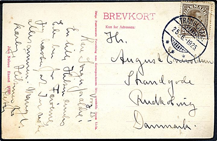 20 øre Chr. X på brevkort (Ur Kvanhaga) annulleret med brotype Ig Trangisvaag d. 25.6.1925 til Rudkjøbing.