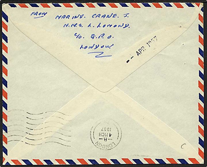 2½d Elizabeth på luftpost flådebrev 1957 stemplet Post Office / Maritime Mail til London, England. Fra HMS Loch Lomond (Frigate)