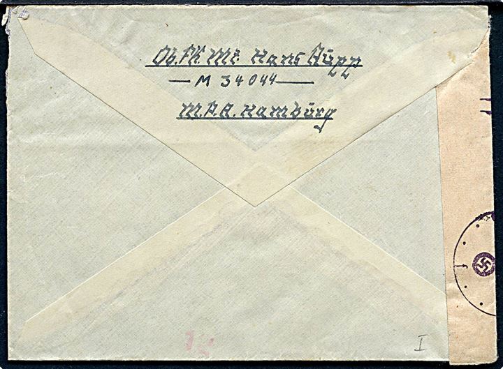 Ufrankeret tysk feltpostbrev med stumt stempel d. 20.121944 til Åbenrå, Danmark. Fra tysk sømand med briefstempel Feldpost Nr. M34044 (= 7. Minensuch-Flottille M 201). Åbnet af tysk censur i Hamburg.