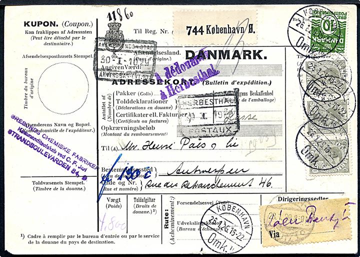 10 øre Bølgelinie og 50 øre Chr. X i 3-stribe på 160 øre frankeret internationalt adressekort for pakke fra Kjøbenhavn d. 26.1.1929 via Hamburg og Köln til Antwerpen, Belgien. 