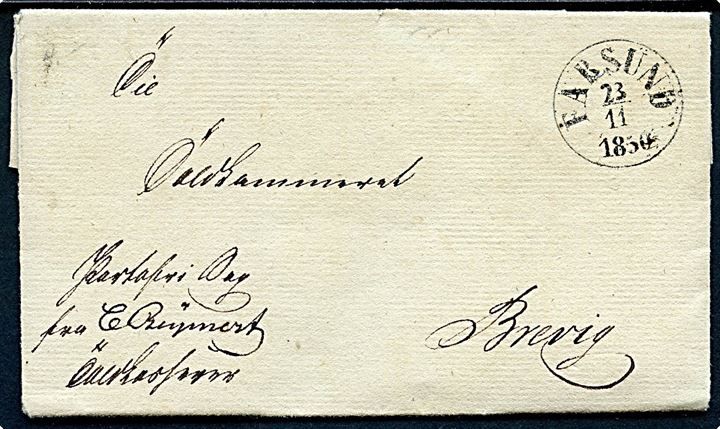 1850. Ufrankeret tjenestebrev påskrevet Portofri Sag fra Farsund Toldkammer med antiqua Farsund d. 23.11.1850 til Brevig. Indhold vedr. Brig Ariadne ført af skipper Peter Dahl, Stathelle.