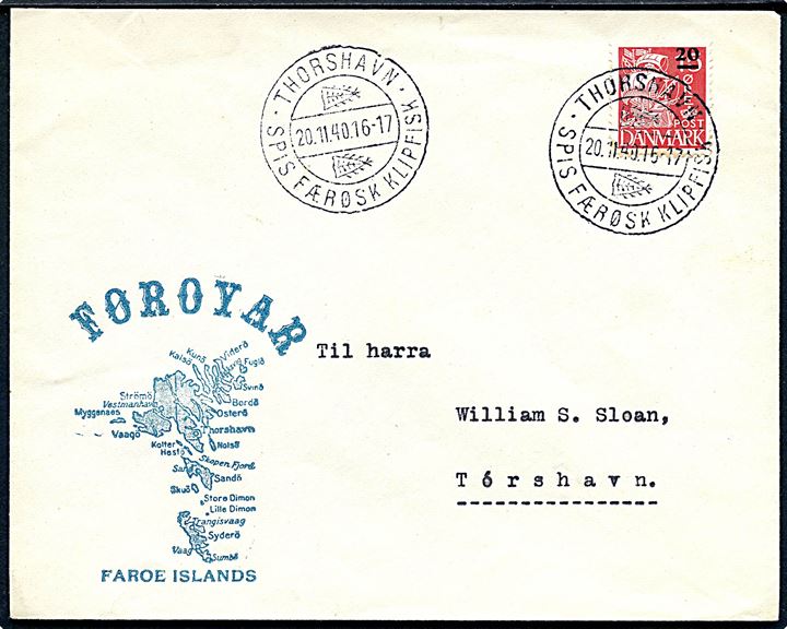 20/15 øre Provisorium på illustreret FØROYAR kuvert sendt lokalt med klipfiskstempel Thorshavn d. 20.11.1940.