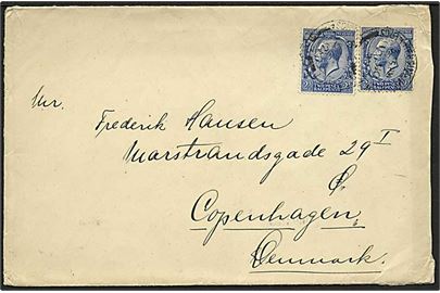 2½d George V (2) på fortrykt kuvert fra Stoomvaart Maatschappij Nederland stemplet South Kinsington d. 15.11.1920 til København, Danmark. Fra passager ombord på S/S Prinses Juliana.