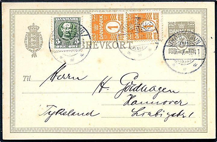 3 øre helsagsbrevkort opfrankeret med 1 øre Bølgelinie i parstykke og 5 øre Fr. VIII annulleret med brotype Ig Thorshavn d. 7.7.1911 til Hannover, Tyskland. Uden meddelelse.