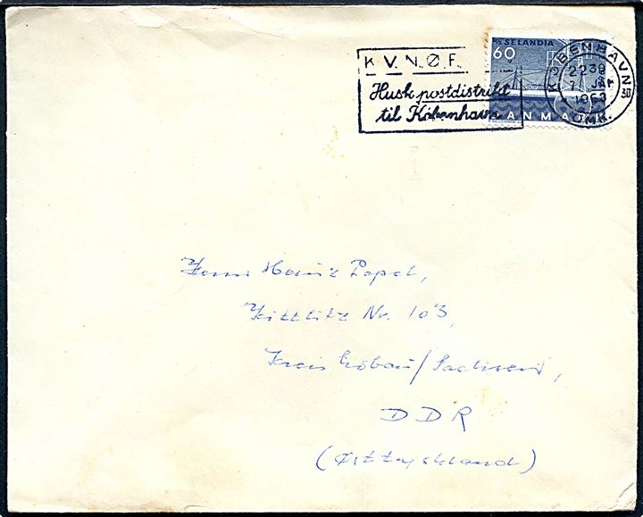 60 øre Selandia på brev fra København d. 7.1.1963 til Kittlitz Löbau i Østtyskland.