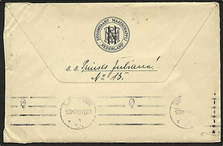 2½d George V (2) på fortrykt kuvert fra Stoomvaart Maatschappij Nederland stemplet South Kinsington d. 15.11.1920 til København, Danmark. Fra passager ombord på S/S Prinses Juliana.