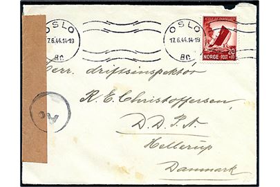20+10 øre Skibsforlis single på brev fra Oslo d. 17.6.1944 til Hellerup, Danmark. Åbnet af tysk censur i Oslo med rød neutral banderole stemplet Ao.