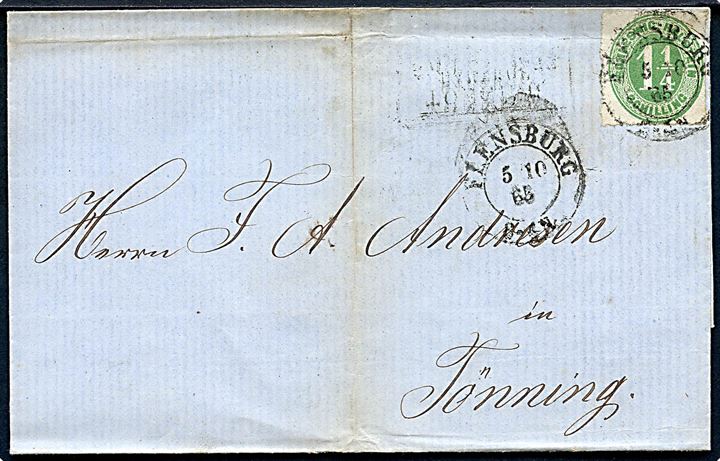 Schleswig-Holstein 1 1/4 Sch. stukken kant på brev annulleret Flensburg d. 5.10.1865 til Tönning. På bagsiden ank.stemplet Tönning Bahnhof d. 5.10.1865. Nusset med fold.