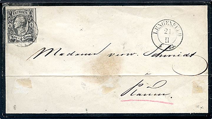 ½ Neu-Groschen Johann I single på sørgekuvert annulleret med nr.stempel 70 og sidestemplet Lengenfeld d. 21.2.1863 til Plauen.