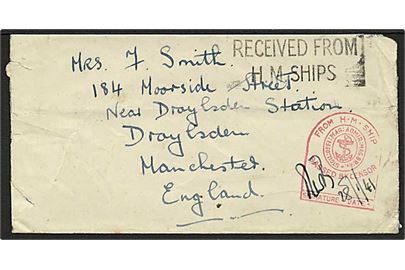 Ufrankeret feltpostbrev stemplet Received from H.M.Ship til Manchester, England. Rødt flådecensurstempel dateret 28.1.1941. Klippet i toppen.